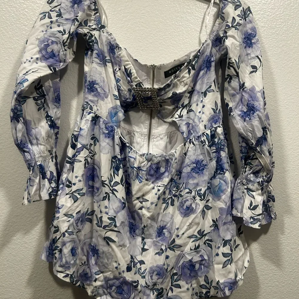 White Fox Boutique Floral Off-Shoulder Jumpsuit - Blue and White